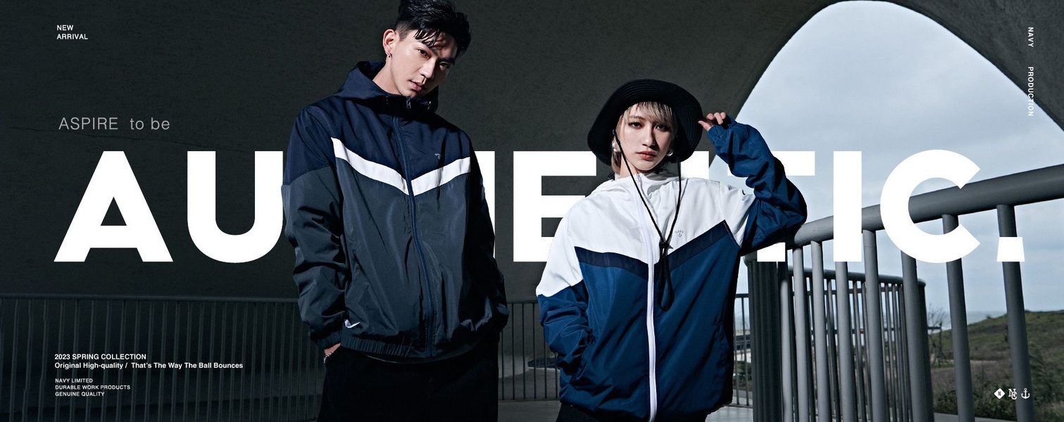 windbreaker jacket, track jacket, zip up jacket, athletic jacket, color block jacket, sports jacket, new arrival, product launch, editorial, modern typography, bold, energetic, blue, black, neutral, spring campaign